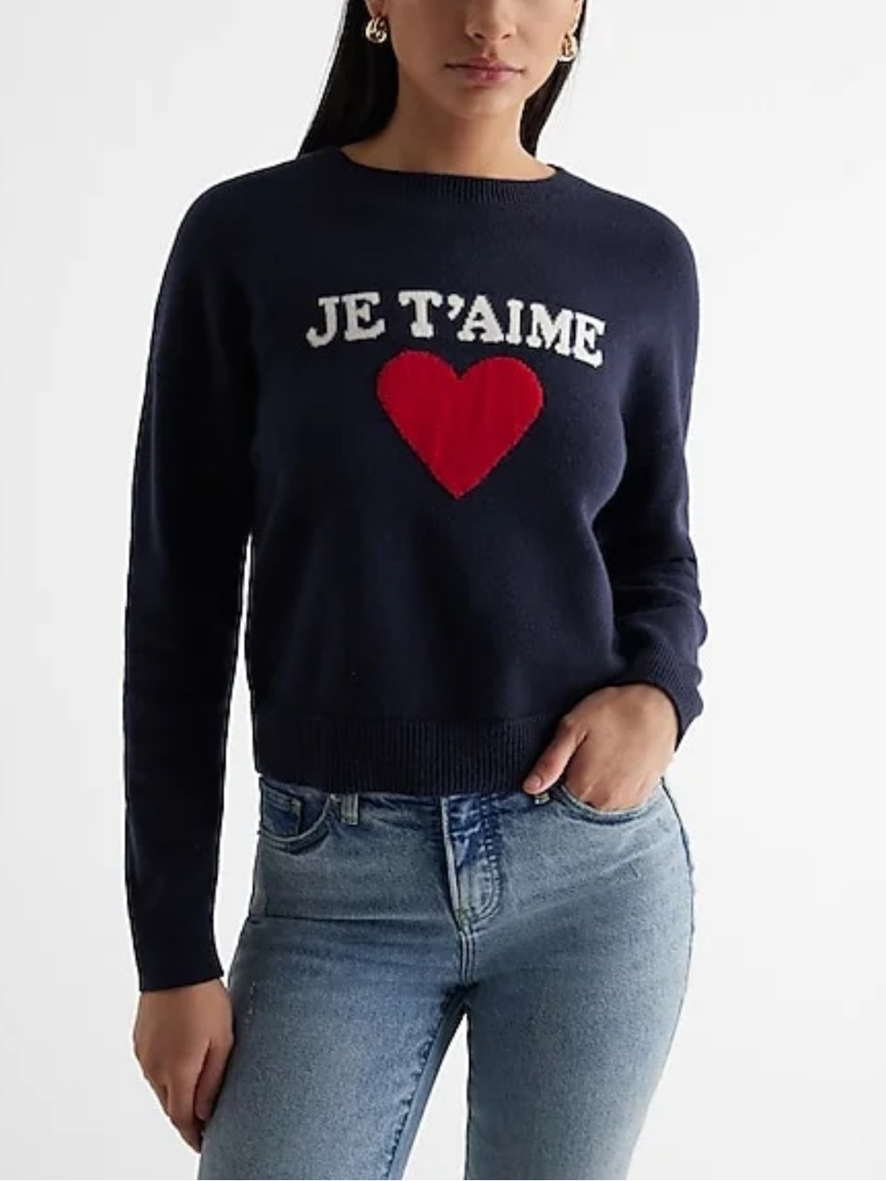 Express Navy 'Je T'aime' Heart Crewneck Sweater - Navy / Red / White | S